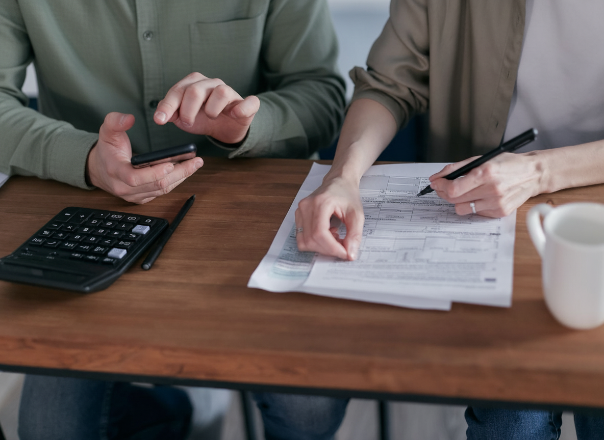 Conferência manual de documentos e valores com calculadora e celular sobre a mesa